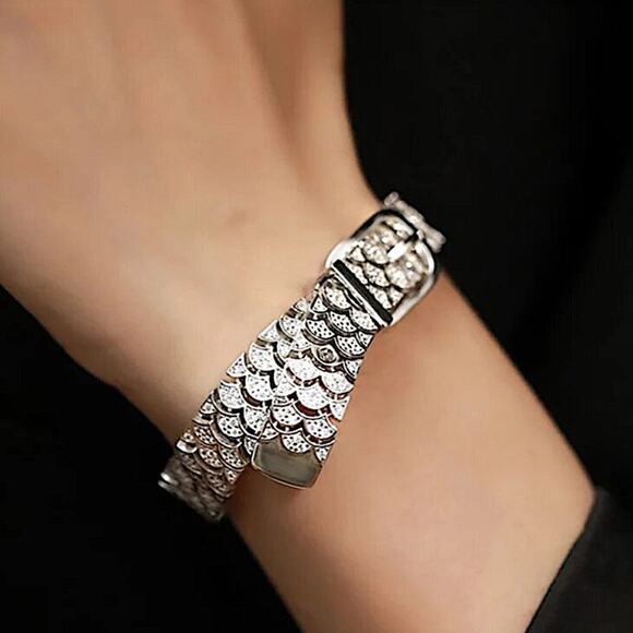 Sterling Silver Buckle Bangle Bracelet, Zircon Cuff Belt Buckle, Minimalist - Picture 6 of 10